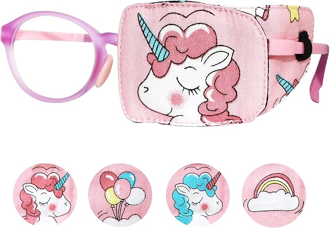 Astropic Cotton & Silk Eye Patch for Kids Glasses (Left Eye, Pink Hair Unicorn)