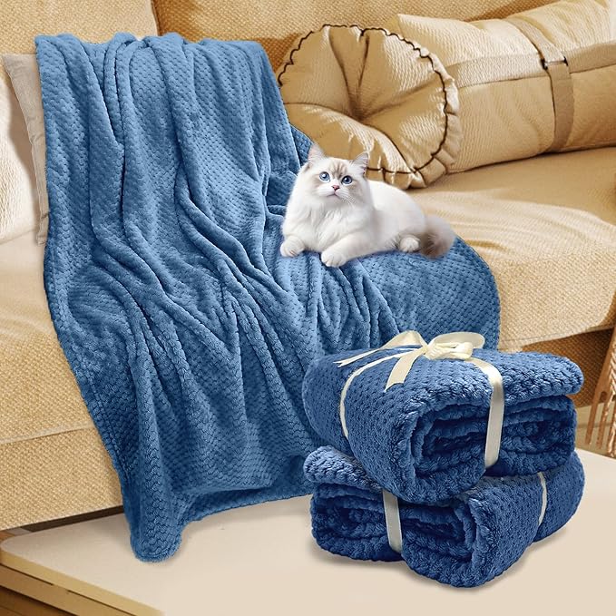 4 Pack Fleece Throw Blankets 50x60 Inches – 270 GSM Ultra Soft Flannel, Oeko-TEX Standard 100 Certified, Lightweight 3D Waffle Texture, No Shedding/Pilling, for Bed, Couch, Sofa, All Season (Blue)