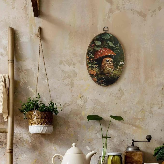 LKETW Vintage Owl Mushroom Oval Wall Art Decor, Whimsical Dark Cottagecore Oval Canvas Hanging Decor, Moody Botanical Forest Mushroom Bird Wall Decorations for Home Bedroom Living Room, 8.6x11.4 Inch