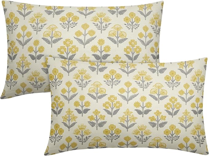 Yellow Grey Gray Floral Pillow Covers 12x20 Inch Set of 2, Block Print Lumbar Flower Cream Decorative Throw Pillowcases Outdoor Farmhouse Rectangle Cushion Covers Spring Summer Sofa Couch Bed Decor