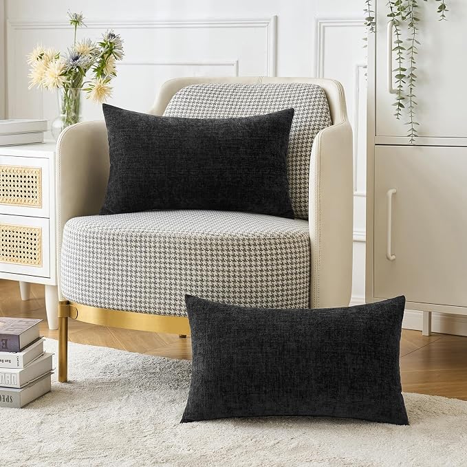 MIULEE Soft Chenille Lumbar Throw Pillow Covers Black 12x20 Inch Pack of 2 | Modern Home Decor, Classic Decorative Pillows, Solid Dyed Cases, Boho Couch Cushion Covers for Sofa Bed Living Room