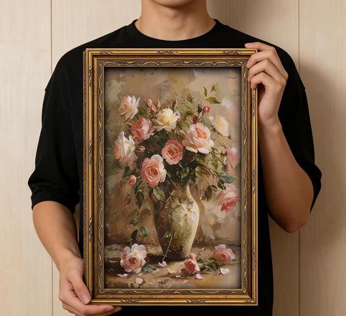 Gold Framed Vintage Floral Canvas Wall Art French Country Painting Picture Wall Decor Vase Flower Arrangement Poster Print Artwork for Living Room Bedroom Bathroom Home Decoration