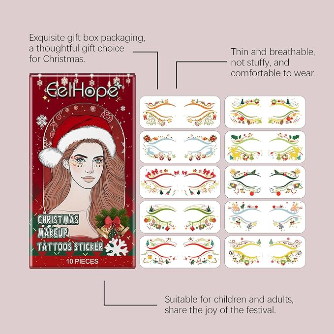 Christmas Face Stickers - Easy Apply Water Transfer Temporary Tattoos for Cheek & Face - Festive Holiday Designs for All Skin Types, No Tools Needed - Party Makeup for Kids & Adults (10 Sheets)