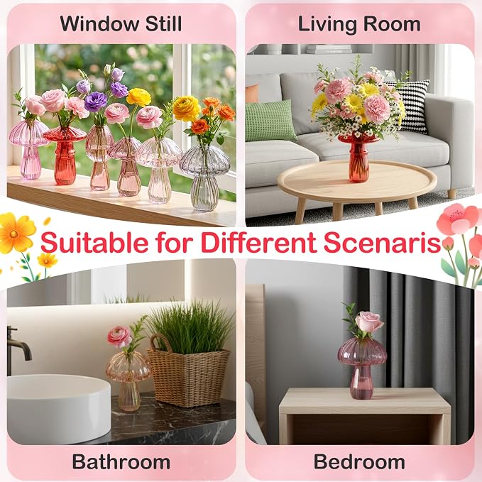 7 Pcs Glass Mushroom Vase Propagation Station with Hydroponic Plant and Artificial Fake Moss 6 Colored Plant Vase Table Centerpiece Decor for Forest Birthday Wedding Party Decoration (Pink)