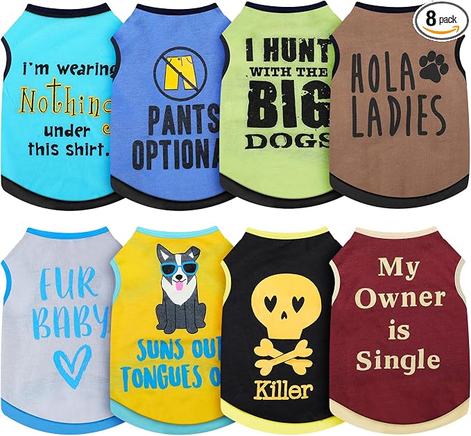 8 Pieces Dog Shirts Pet Printed Clothes with Funny Letters Summer Pet T Shirts Cool Puppy Breathable Dog Outfit Soft Sweatshirt Cats(Vivid Pattern,Small)