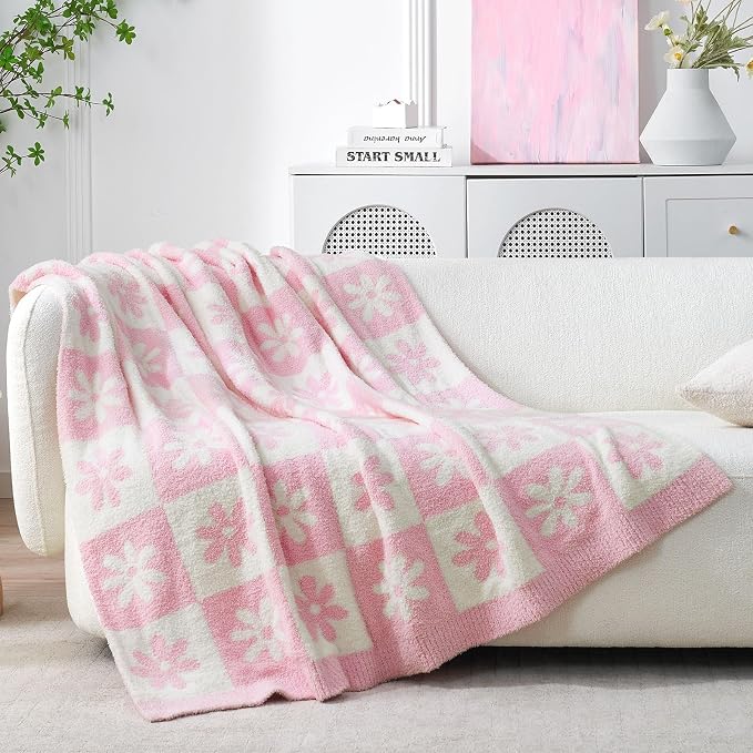Snuggle Sac Checkered Blanket, Pink Flower Throw Blanket for Couch Plaid Microfiber Fluffy Warm Cozy Fuzzy Soft Throw Blanket Reversible Checkered Blankets for Sofa, Chair, Bed, 60x80 inches