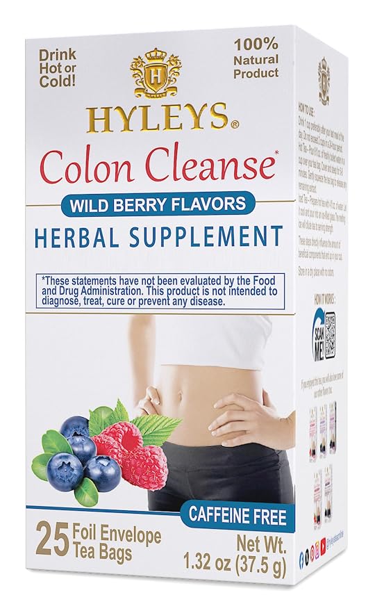 HYLEYS Colon Cleanse Tea, Wild Berry Flavor - 25 Individually Wrapped Herbal Tea Bags - Caffeine Free, Vegan