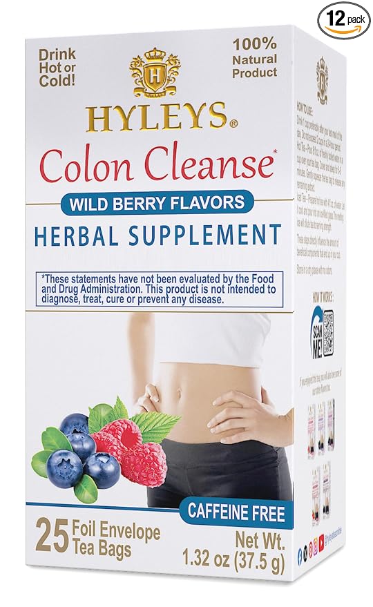HYLEYS Colon Cleanse Tea, Wild Berry Flavor - 300 Individually Wrapped Herbal Tea Bags (12 Pack of 25) - Caffeine Free, Gluten Free & Vegan
