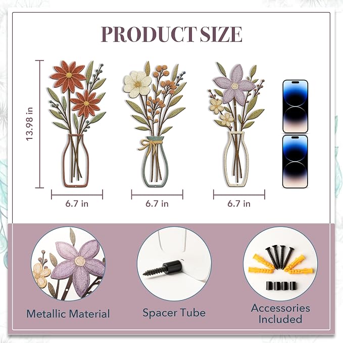 3 Piece Metal Flower Wall Art for Bedroom Living Room Rustic Farmhouse Floral Wall Decor for Bathroom Dining Room Boho Home Decorations Modern Minimalism Walls Hanging Sculptures(Red Purple)