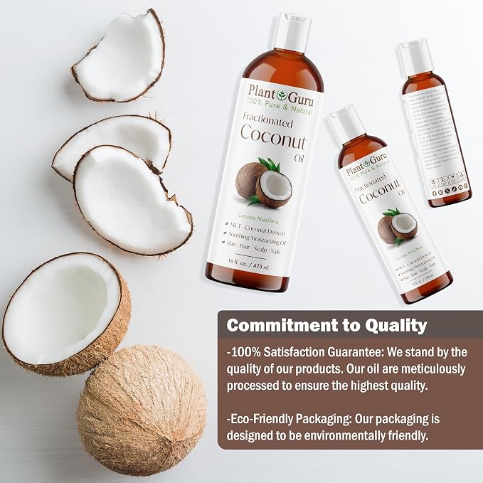 Plant Guru Fractionated Coconut Oil 4 fl. oz 100% Pure MCT Natural Carrier - Skin, Face, Body, Massage and Hair Growth Moisturizer, Great for Diluting Aromatherapy Essential Oils