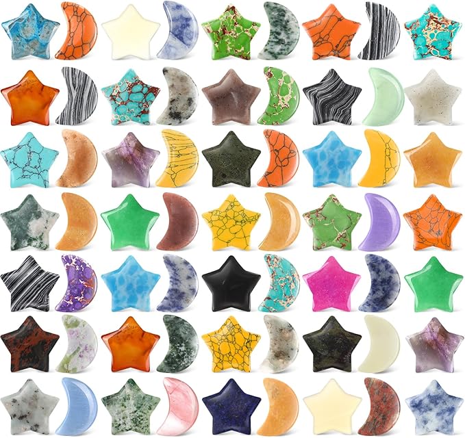 Nuenen 72 Pieces 1 inch Star and Moon Worry Stones Crystal Bulk Moon Shaped Thumb Gemstones Polished Pocket Star Palm Stones Bulk for Witchcraft Meditation Reiki Balancing Decor