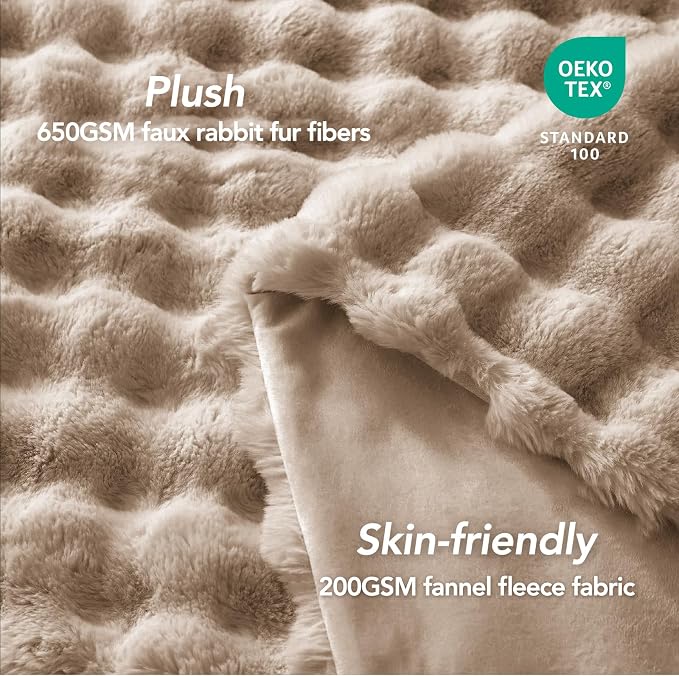 L'AGRATY Faux Rabbit Fur Throw Blanket for Couch, 90'' x 90'', Light Linen | Soft Cozy Bubble Fluffy Blanket for Sofa Bed, Thick Warm Plush Fuzzy Throw for Room Home Decor, Luxury Gift for Women Mom