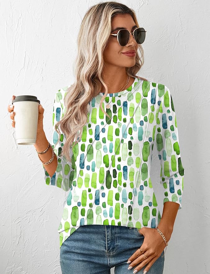 LOMON 3/4 Length Sleeve Womens Tops Spring Summer Fashion 2026 Tops Crew Neck Pleated Shirts Tunic Top Loose Fit