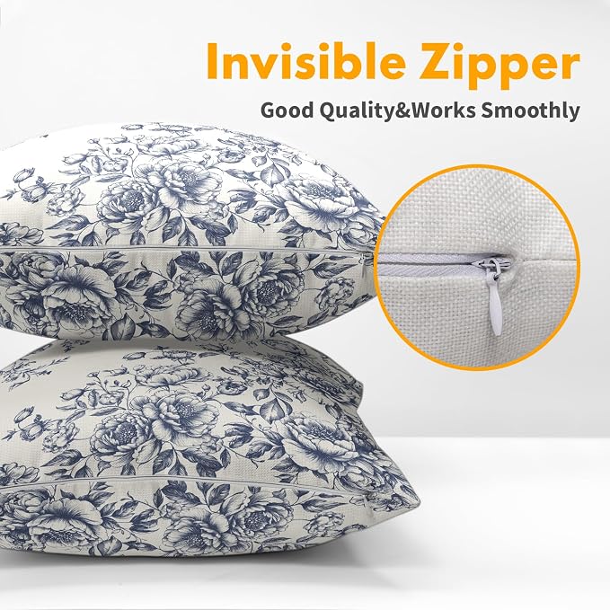 Kawani Blue Floral Throw Pillow Covers 22x22 Inch Pack of 2, Vintage Grandmillennial Style Chinoiserie Floral Square Pillowcase Cotton Linen Cushion Case for Couch Sofa Bed Home Decor