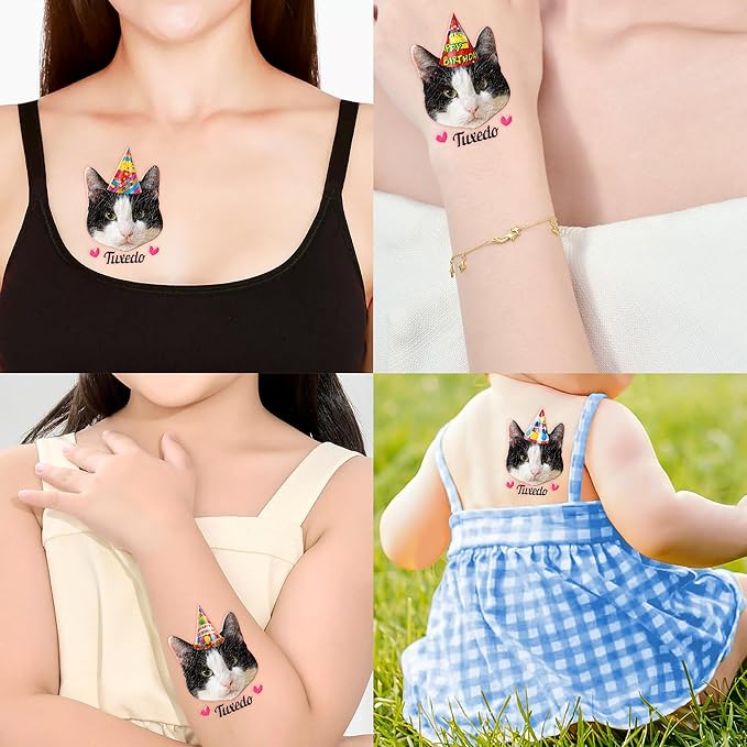 Custom Cat Face Temporary Tattoos - Personalized Pre-Cut Photo Cat Face Tattoos with Birthday Hat and Cat Name or Text - Funny Party Favors for Birthday, Cat Lovers - Set of 20 Unique Gifts