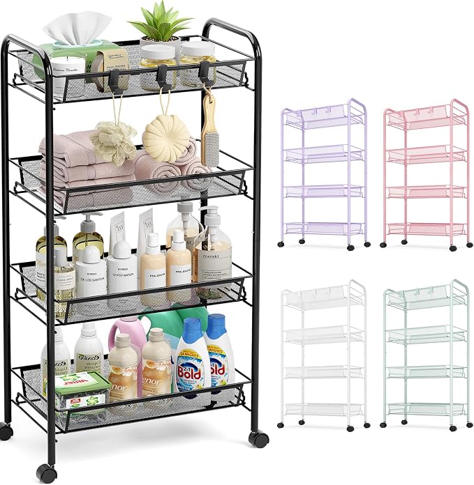 TOOLF 4-Tier Rolling Cart, Metal Utility Cart with 3 Hooks, Easy Assemble Mobile Storage Trolley On Wheels, Metal Shelving Units Kitchen Bathroom Laundry Room