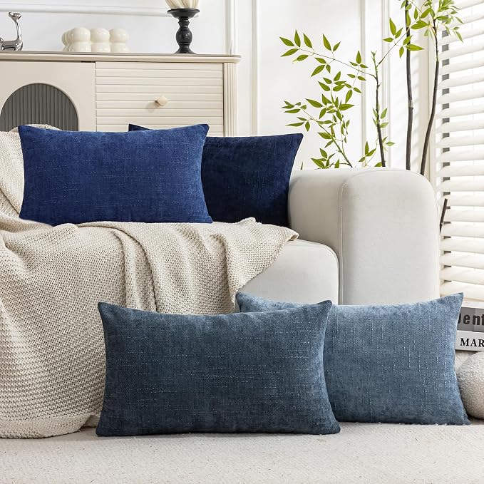 Set of 4 Soft Textured Decorative Throw Pillow Covers 12X20 Inch Cozy Farmhouse Cushion Cover Square Accent Pillow Cases for Bed Couch Sofa Living Room, Blue Series