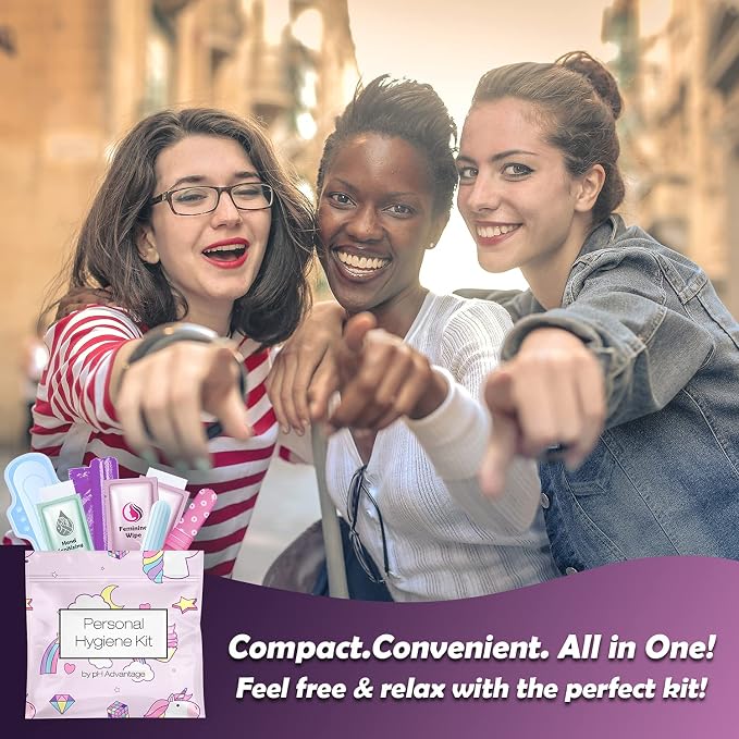 3 x Menstrual All-in-One Kits - Assorted Colors | Convenience on The Go | Single Period Kit Packs | Individually Wrapped Feminine Hygiene Products (Rainbow and Unicorns/Pink/Purple)
