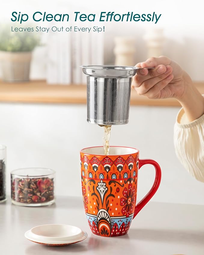 vancasso Ceramic Tea Cup with Infuser and Lid, 18 Ounce Tea Infuser Mug for Loose Leaf Tea, Microwave & Dishwasher Safe, Bohemian Mandala, Gift for Tea Lovers, Crimson Sunburst