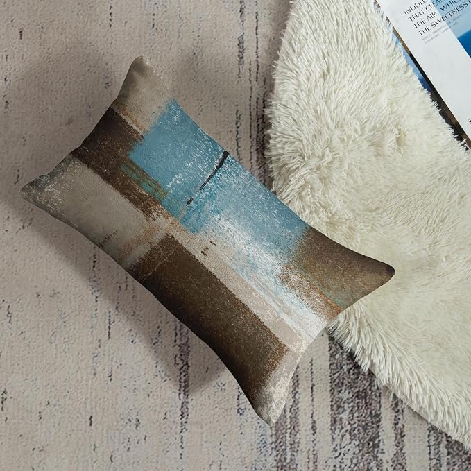 Throw Pillow Covers Set of 2, 12 x 20 Inch, Blue Beige Brown | Abstract Modern Art Outdoor Decorative Square Pillow Cases Couch Cushion Case for Couch Bed Sofa Living Room Home Decor