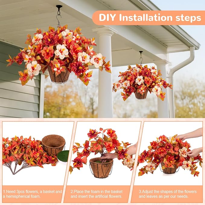 Artificial Fake Fall Hanging Flowers with Basket for Outdoors Decoration | 3PCS Faux Flowers for Outside Planters UV Resistant No Fade Silk Hibiscus for Home Porch Patio Garden Balcony Yard Decor