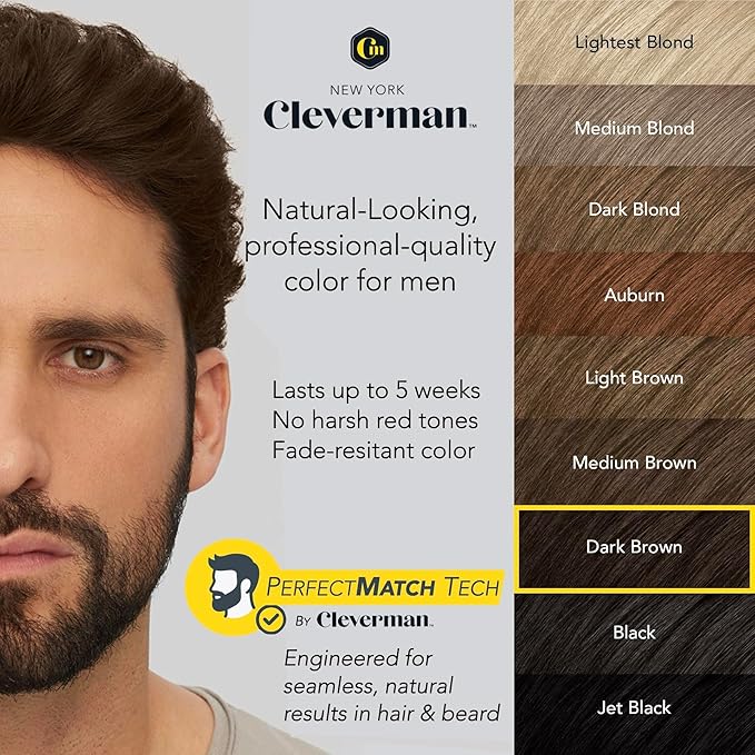 2X Reusable Hair & Beard Dye for Men – Dark Brown | Up to 10 Uses, 7 Minutes | Natural Gray Coverage, No-Drip Cream with SkinArmour® – Cleverman