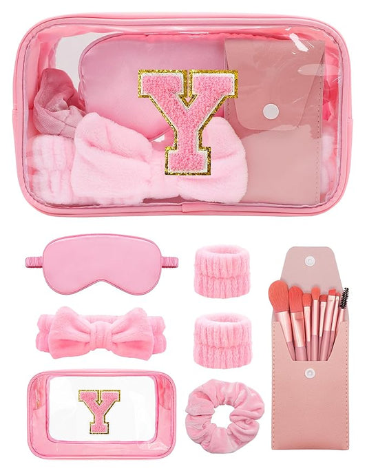 Gift Sets for Women, Initial Makeup Bag with Makeup Brush Set Bachelorette Party Favors, Pink Spa Kit with Skincare Headbands Wrist Bands Sleepover Party Supplies Gifts for Teen Girls Bridesmaid Y