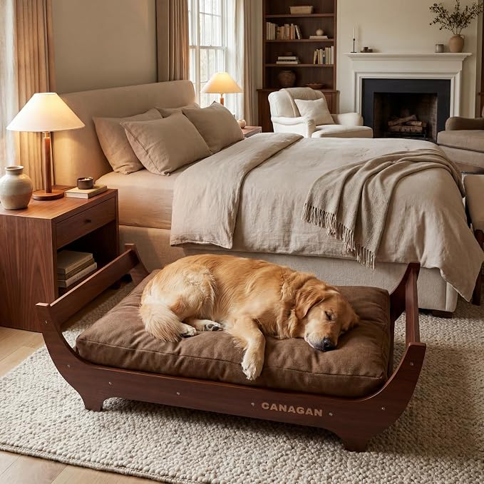 CANAGAN Elevated Wood Dog Bed Frame with Cushion, WalnutPattern, Large | Raised Dog Couch Bed with Washable Cover and Plush PP-Filled Cushion, Furniture-Style for Indoor Living