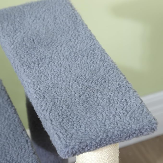PawHut 4 Levels Cat Steps Pet Stairs Carpeted Ladder for High Bed Gray | Kitten Tree Climber, Scratching Posts, Hanging Play Ball, Side Step, for Sofa