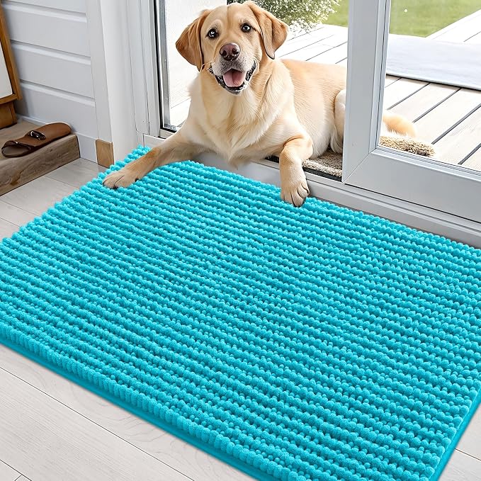 OLANLY Dog Door Mat for Muddy Paws 36x24, Extra Absorbent Chenille Mud Mat | Aqua Blue, Absorbs Moisture and Dirt, Non-Slip Machine Washable Doormat, Quick-Drying Indoor Entryway Floor Mat for Dogs