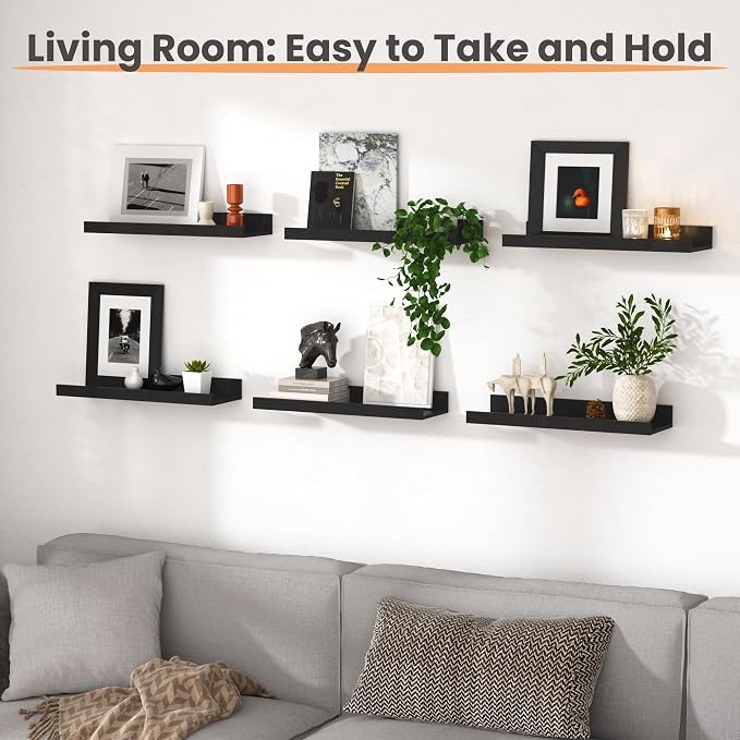 upsimples Floating Shelves for Wall Decor and Storage, Black, 6Pcs 15.7'' | Wall Mounted Wood Shelves for Living Room, Bedroom, Bathroom, Kitchen, Office, Laundry Room Display and Organize