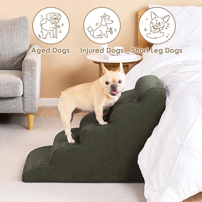 EHEYCIGA Curved Dog Stairs Ramp, 5-Step High Beds, 22.6" H Pet Step | 33D density of pure foam, for Small Dogs and Cats, Pet Stairs for High Bed Climbing, Non-Slip Balanced Indoor, Military Green