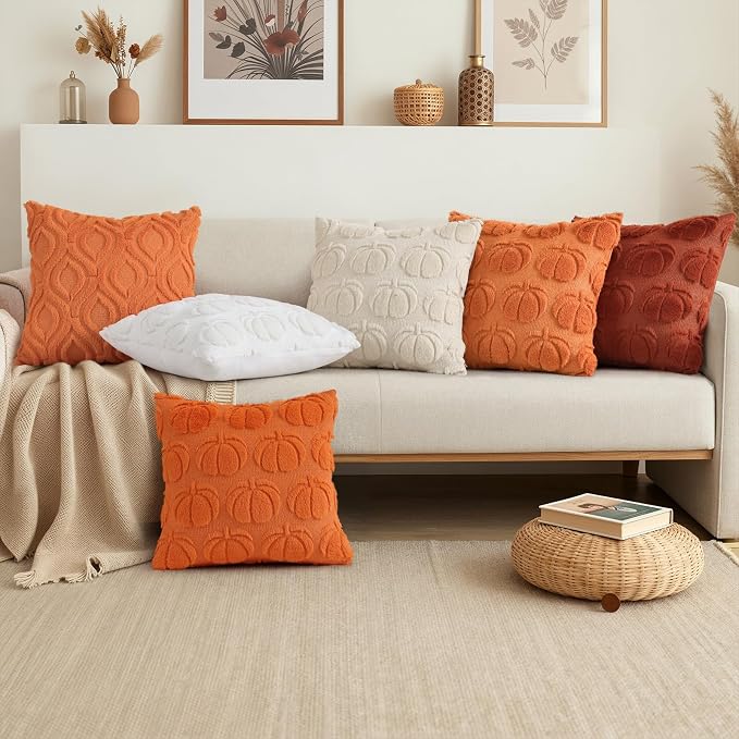 decorUhome Faux Fur Plush Soft Orange Throw Pillow Covers 18x18 Set of 2 | Plush Solid Fall Couch Pillow Covers, Accent Modern Farmhouse Neutral Decorative Square Pillow Cases for Sofa Bed Living Room