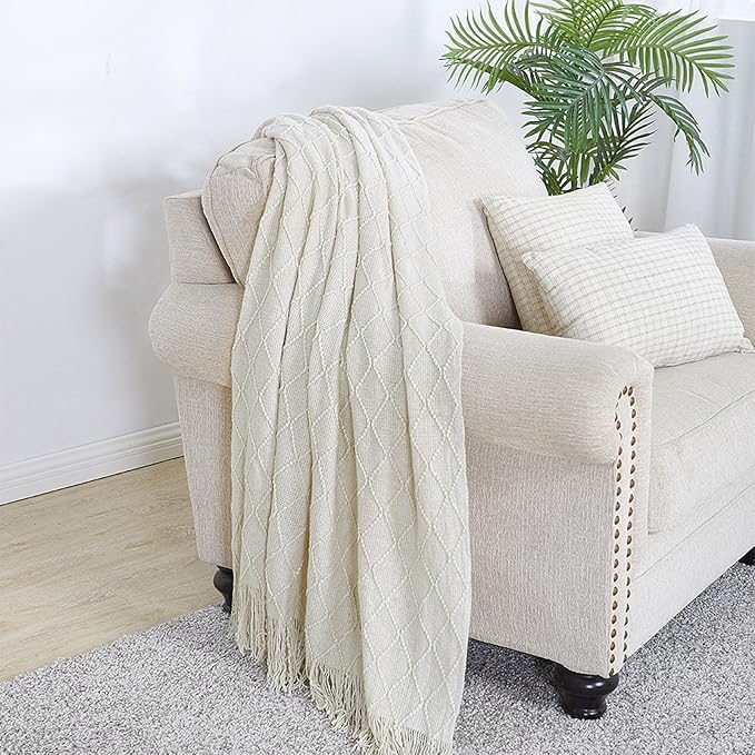 BOURINA Beige Throw Blanket 50x90 Inch Boho Knitted Soft Throw Sofa Blanket | Knitted Throw Blanket 50x90 Inches, Soft Lightweight Boho Weave Throw Decorative Couch Blanket for Living Room Bed Runner