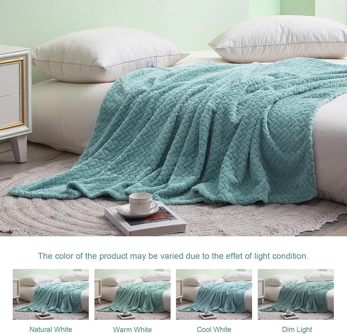Exclusivo Mezcla Soft Fleece Bed Blanket King Size, 90”x104”, Celadon | Cozy Fluffy Lightweight Blankets for Summer, Decorative Plush Flannel Throws for Living room, Bedroom with Leaves Pattern