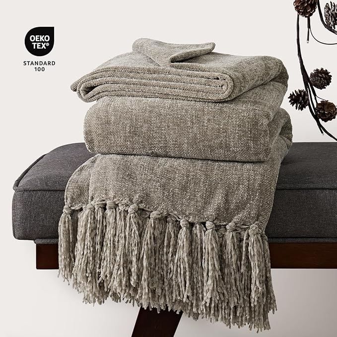 Chenille Knit Throw Blanket for Couch, 50"x60", Taupe | Cozy Plush Fuzzy Knittd Throw with Tassels, Lightweight, Decorative, Farmhouse Decor, Ideal for Bed Sofa Gift, All Seasons