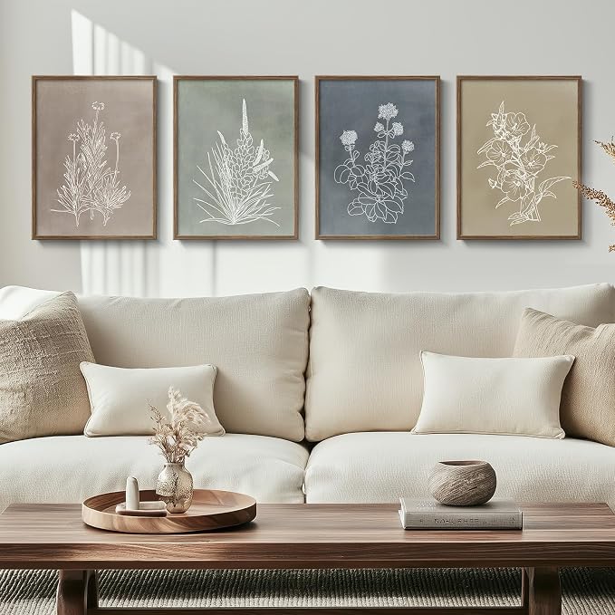 Framed Boho Neutral Botanical Wall Art for Living Room, 4 Piece 12x16 In | Rustic retro artwork, Floral pictures, Canvas prints, Vintage flower paintings, Modern farmhouse wall decor, Bedroom decor