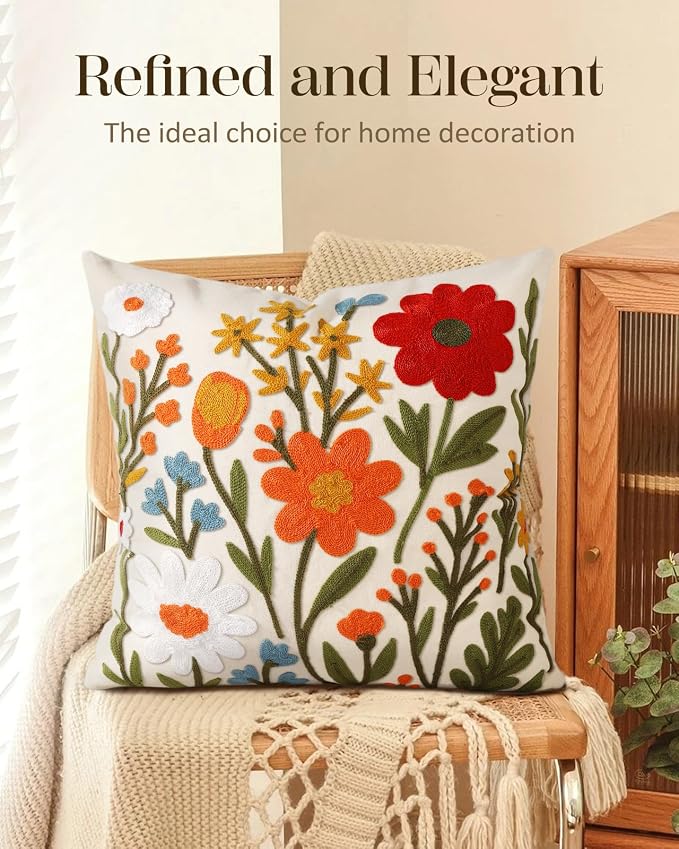 Embroidered Throw Pillow Cover 18x18 Inch, Flower Cluster | Decorative Pillow Cover, Floral Farmhouse Cushion Case with Hidden Zipper, Home Decor for Couch, Sofa, Living Room, Bedroom