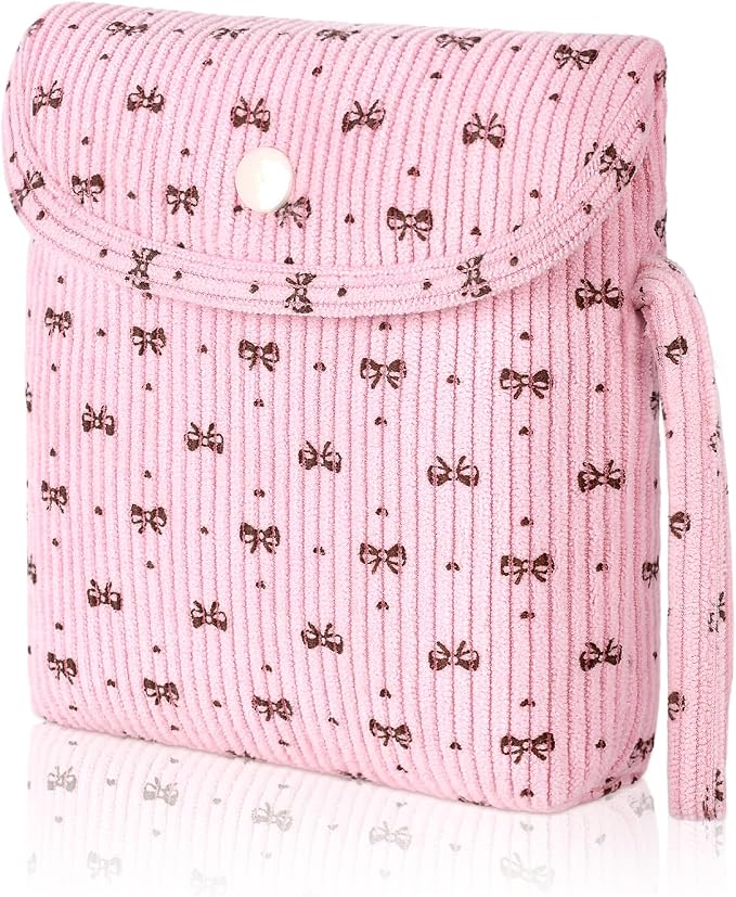 Bow Corduroy Sanitary Pad Pouch Soft Discreet Pad Bags for Period for Women Cute Nursing Pad Holder Menstrual Cup Tampon Pouch First Period Gift Feminine Bag (Pink)