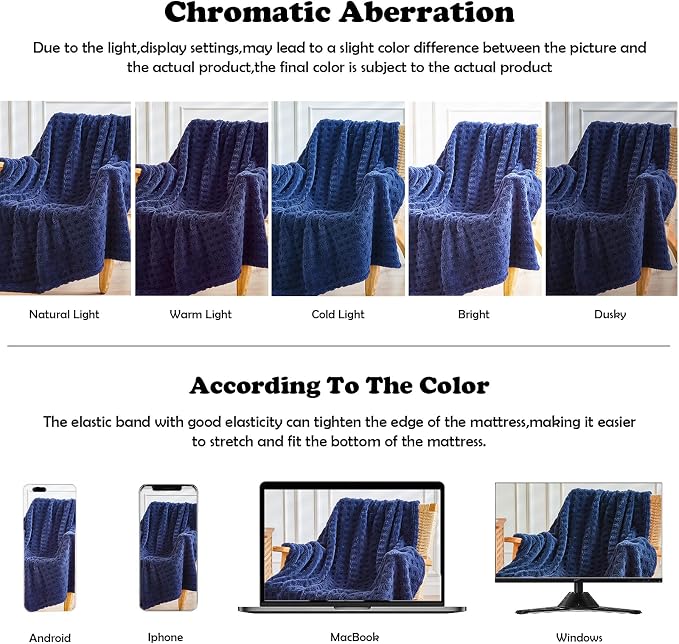 NEWCOSPLAY 3D Waffle Checkered Flannel Queen Blanket, Dark Navy, 90"x90" | Super Soft Cute Lightweight Decorative Premium Silky Fleece Blanket for Couch Sofa Bed, Gift for Women Men, All Season Use