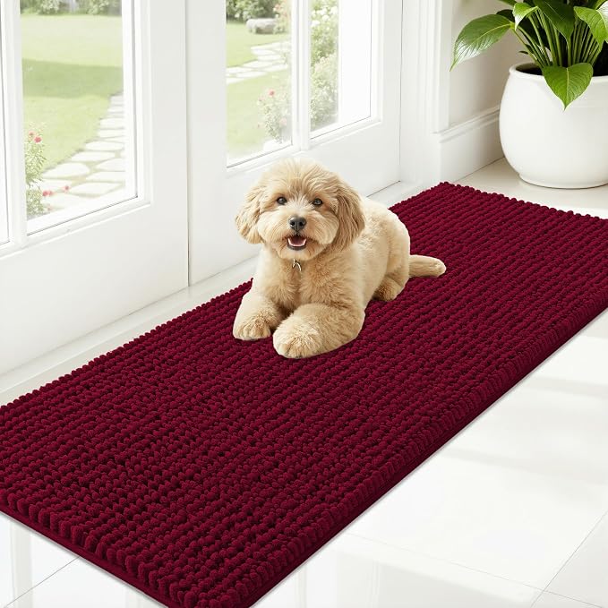 OLANLY Dog Door Mat for Muddy Paws 59x20, Extra Absorbent Chenille Mud Mat | Burgundy, Absorbs Moisture and Dirt, Non-Slip Machine Washable Doormat, Quick-Drying Indoor Entryway Floor Mat for Dogs