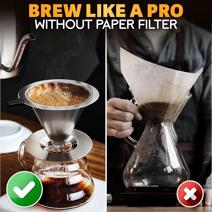 Stainless Steel Pour Over Coffee Maker With Cleaning Brush & Non-Slip Silicone Handle - 2 Cups Capacity 600 Mesh Stainless Steel Pour Over Coffee Dripper With Secure Wide Base, Clean Flavor Paperless