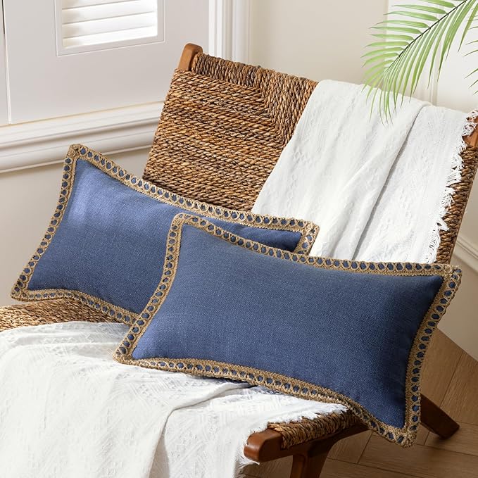 Phantoscope Pack of 2 Farmhouse Decorative Solid Throw Decorative Pillow Cover Burlap Linen Trimmed Tailored Edges Navy Blue 12 x 20 inches, 30 x 50 cm