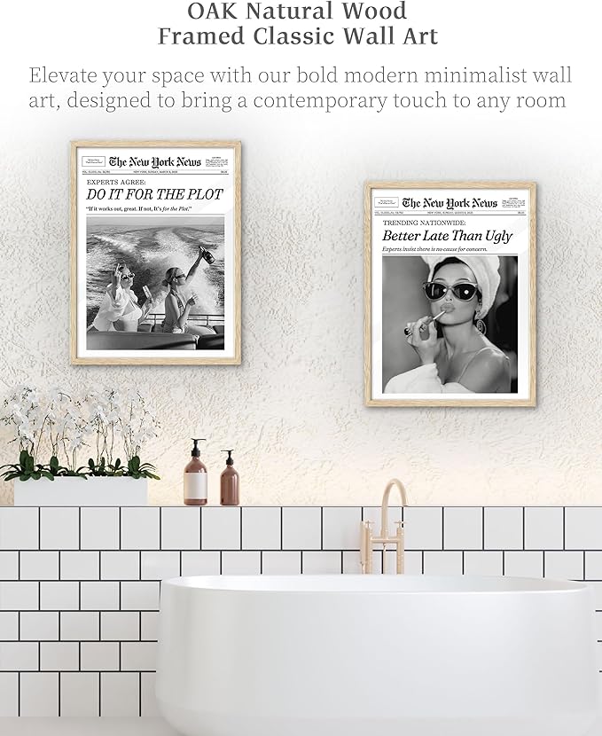iHery 12x16in Audrey Hepburn Better Late Than Ugly Framed Bathroom Art | Natural OAK Wood Frame with Canvas Print, Vintage Fashion Wall Decor for Bathroom, Bedroom, Apartment and Girl Dorm, 1Pack