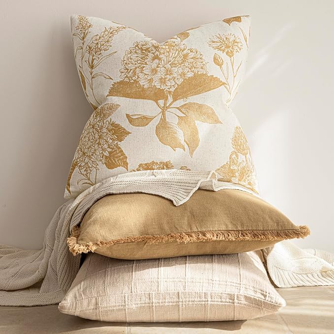Foindtower Set of 2 Linen Floral Vintage Throw Pillow Covers Neutral Accent Print Decorative Cozy Cushion Covers Farmhouse Home Decor for Sofa Chair Couch Bed Living Room,22×22 Inch,Light Yellow