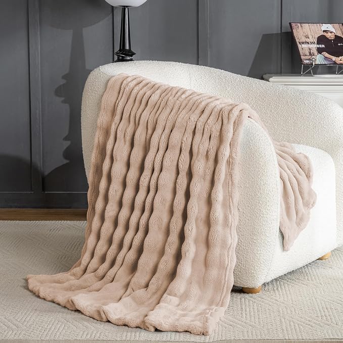 Brown Faux Fur Throw Blanket for Couch, Soft Fluffy Bubble Blanket for Bed Sofa, Thick Warm Plush Fuzzy Rabbit Fur Blanket for Neutral Home Decor, 50"X 60"