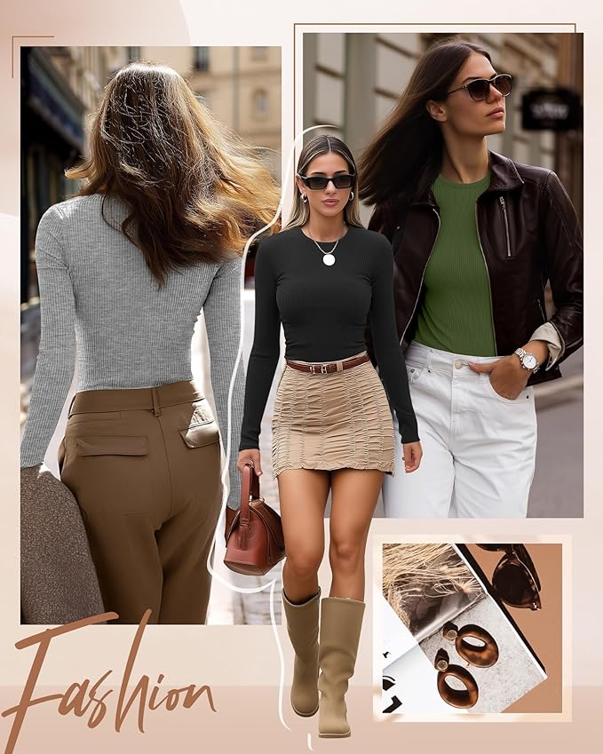 Ficerd 3 Pack Women's Ribbed Long Sleeve Tops, Crew Neck Slim Fit Undershirts Knit Basic Casual Stretch Layering Tee Shirts