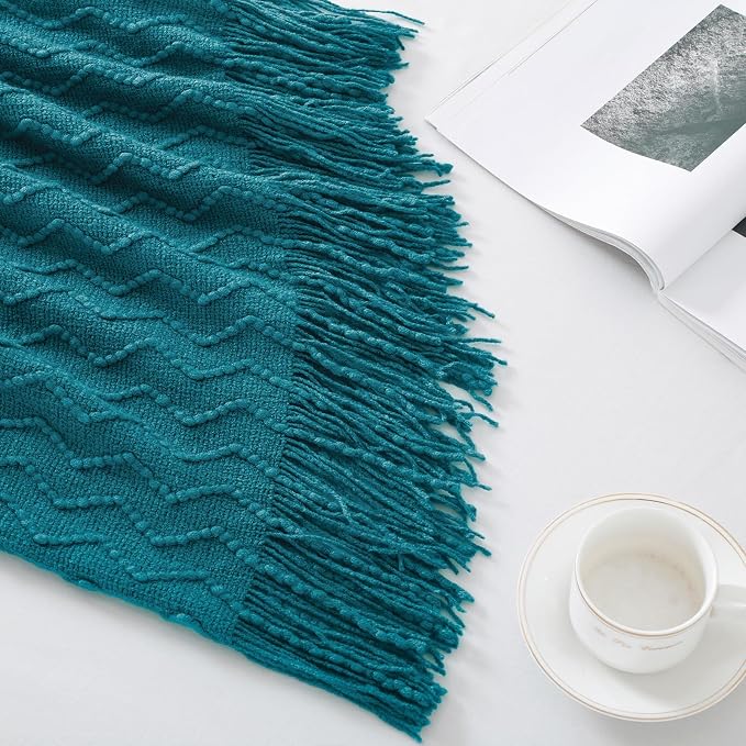 BOURINA Teal Throw Blanket 60x80 Inch Boho Knitted Soft Throw Sofa Blanket | Knitted Throw Blanket 60x80 Inches, Soft Lightweight Boho Weave Throw Decorative Couch Blanket for Living Room Bedroom Chair