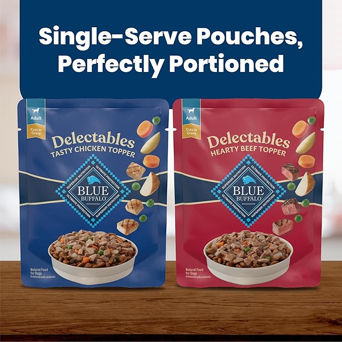 Blue Buffalo Delectables Variety Pack Dog Food Topper, 3 oz, 12 ct | Grain-Free, Chicken & Beef Recipes, Real Meat Cuts in Gravy, Single-Serve Pouches