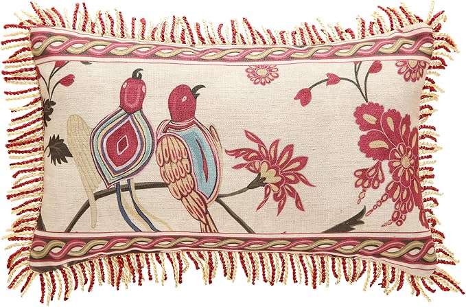patdrea Designer Vintage Linen Throw Pillow Cover,12"x20"-Schumacher E | Elegant Decorative Pillow Case,Bird Pattern with Fringe Trim,Cushion Coverfor Couch Living Room Bedroom Sofa